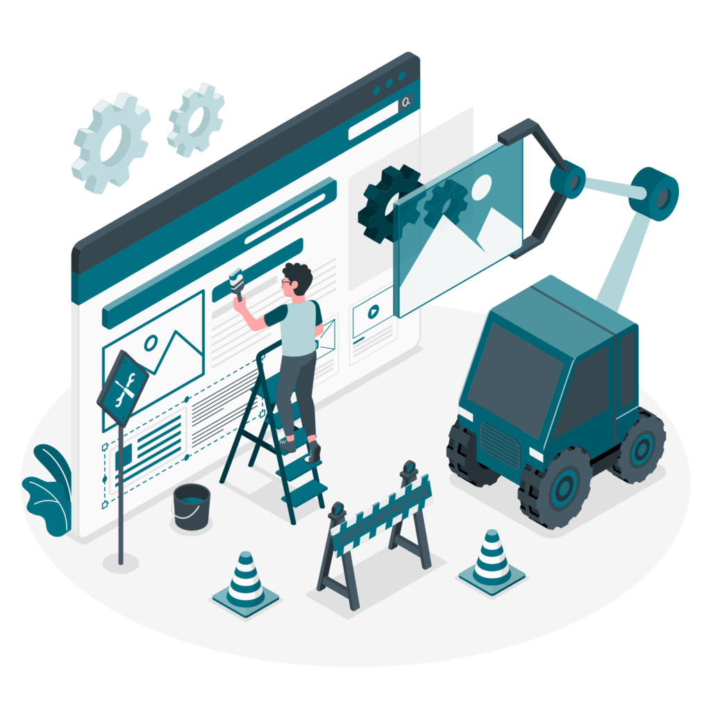 Digital change services Depiction of one of Entremission's services, digital change. Illustration shows a person building a website with construction materials and heavy machinery.