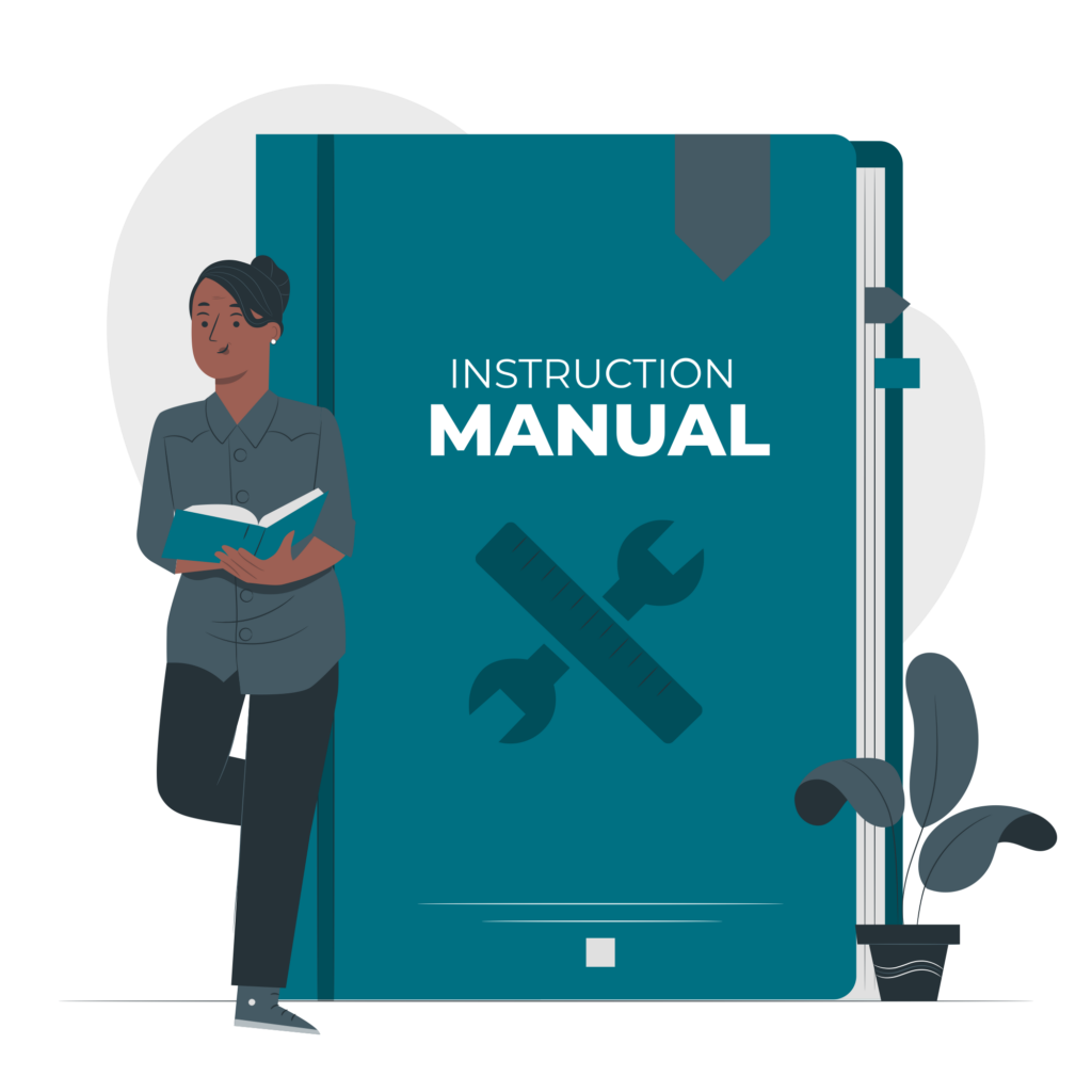 Resource creation services Depiction of one of Entremission's services, resource creation. Illustration shows a person leaning against an instruction manual reading a book.