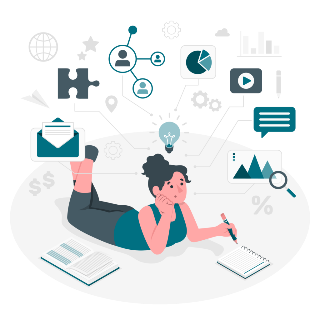 Communications and strategy services Depiction of one of Entremission's services, communications and strategy. Illustration shows a person thinking with a cloud of bubbles, light bulbs, and puzzle pieces overhead indicating thinking.