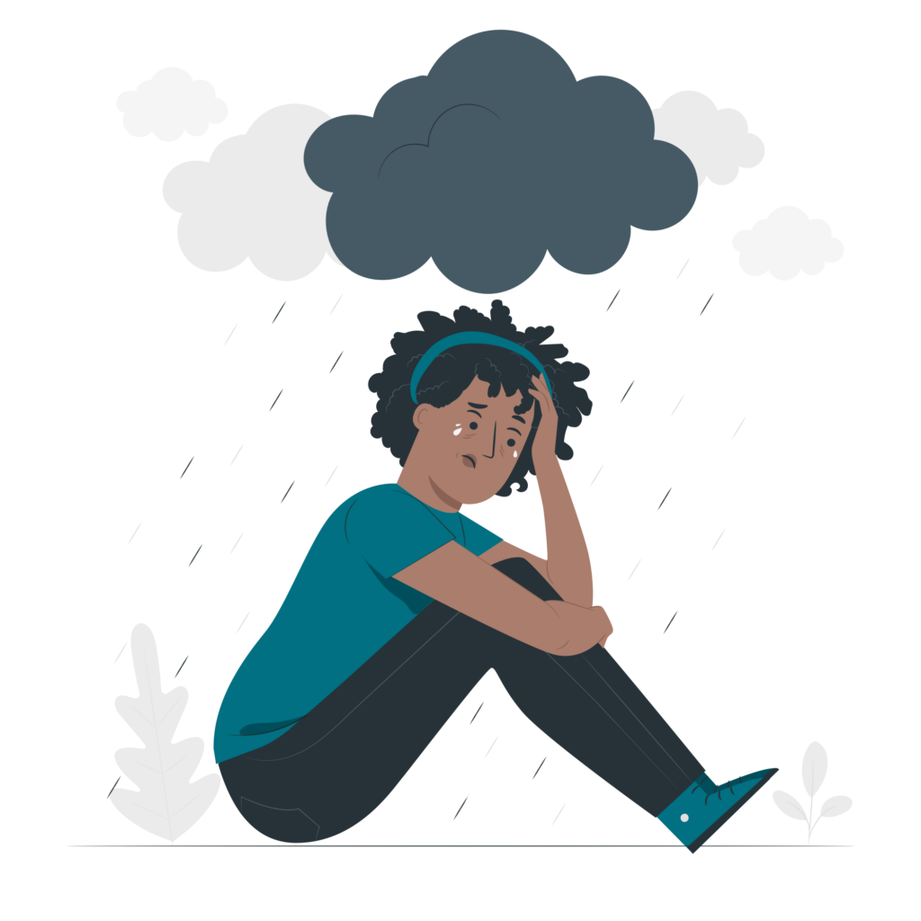 Communications and strategy services Image of a sad person sitting under a dark cloud, representing the Burnout Test tool.