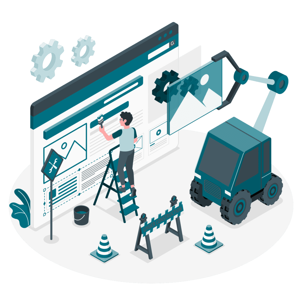 Digital change services Depiction of one of Entremission's services, digital change. Illustration shows a person building a website with construction materials and heavy machinery.