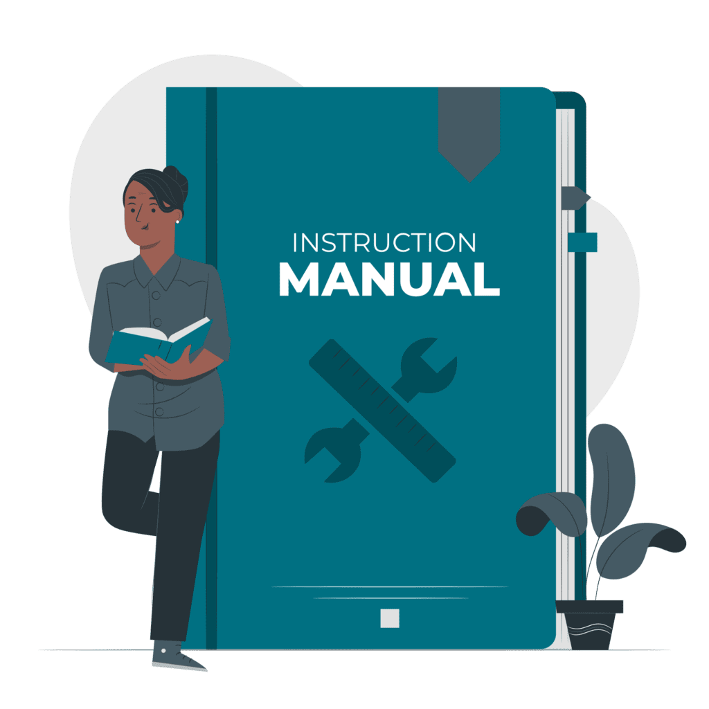 Resource creation services Depiction of one of Entremission's services, resource creation. Illustration shows a person leaning against an instruction manual reading a book.
