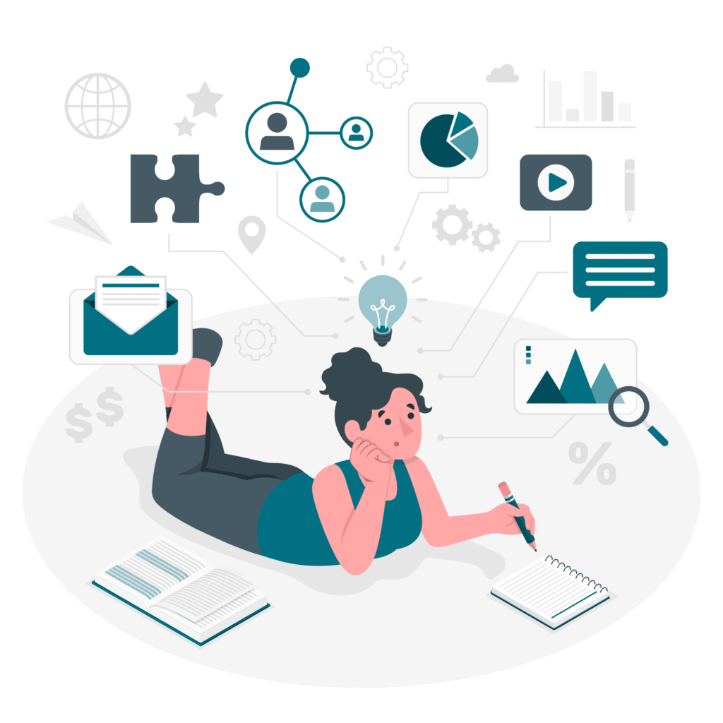 Communications and strategy services Depiction of one of Entremission's services, communications and strategy. Illustration shows a person thinking with a cloud of bubbles, light bulbs, and puzzle pieces overhead indicating thinking.