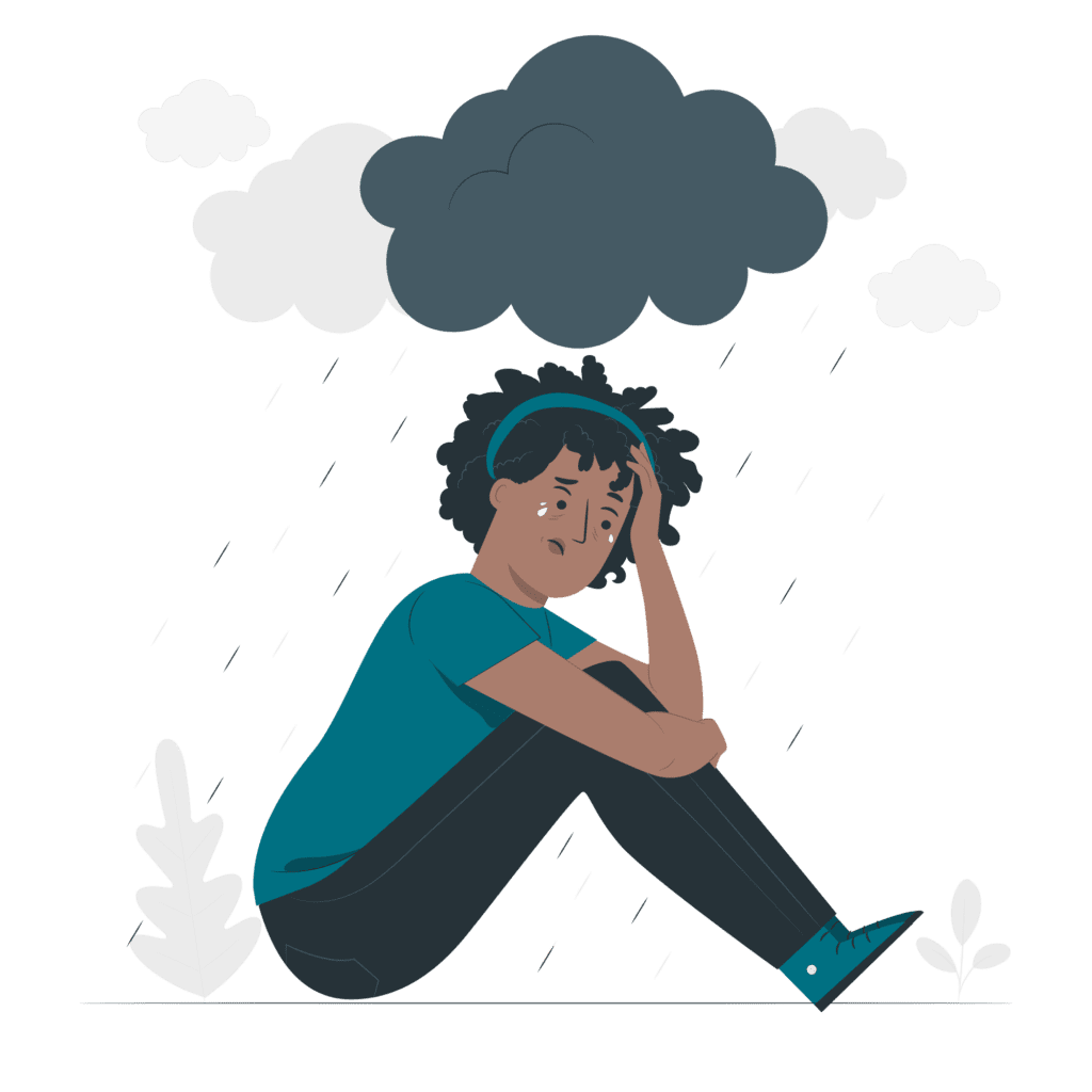 Image of a sad person sitting under a dark cloud, representing the Burnout Test tool.