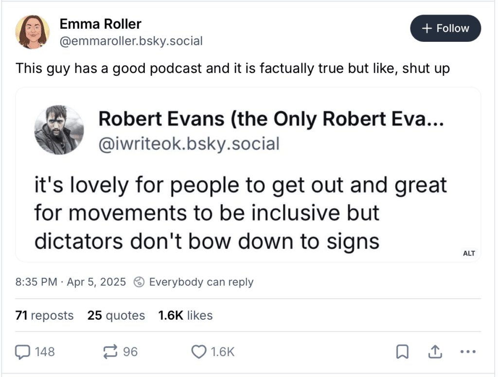 “Dictators don’t bow down to signs,” said Robert Evans.